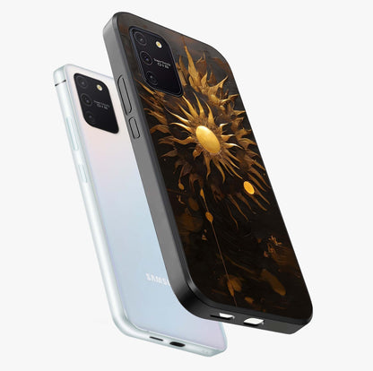 Golden Sun Majesty Glass Case displayed in angled mockup highlighting eerie shadow illustration with gothic aesthetic.