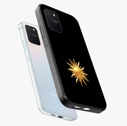 Golden Sun Minimalism Glass Case displayed in angled mockup highlighting eerie shadow illustration with gothic aesthetic.