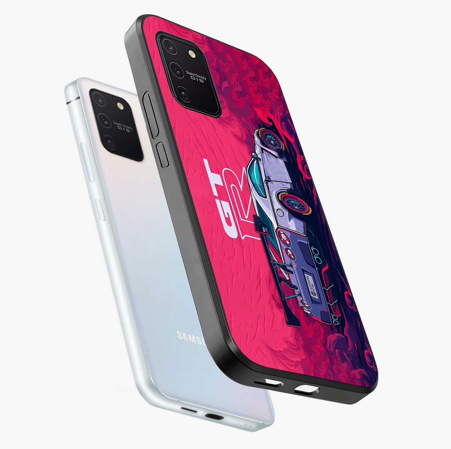 GT-R Car Pattern Glass Case displayed in angled mockup highlighting racing car graphic design with bold automotive aesthetic.