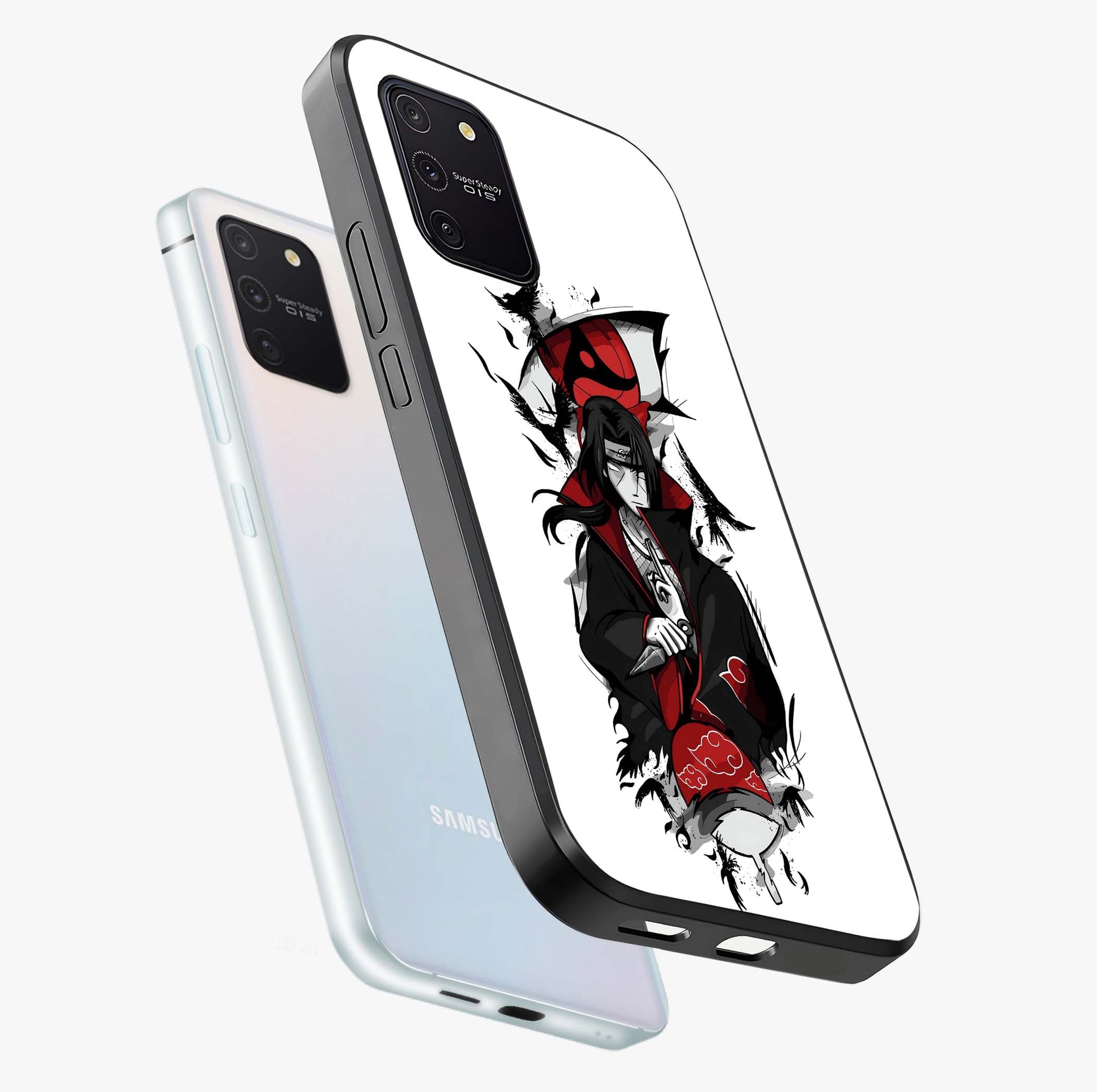 Itachi Limited Edition Naruto Anime Glass Case displayed in angled mockup highlighting dramatic anime illustration with bold action aesthetic.