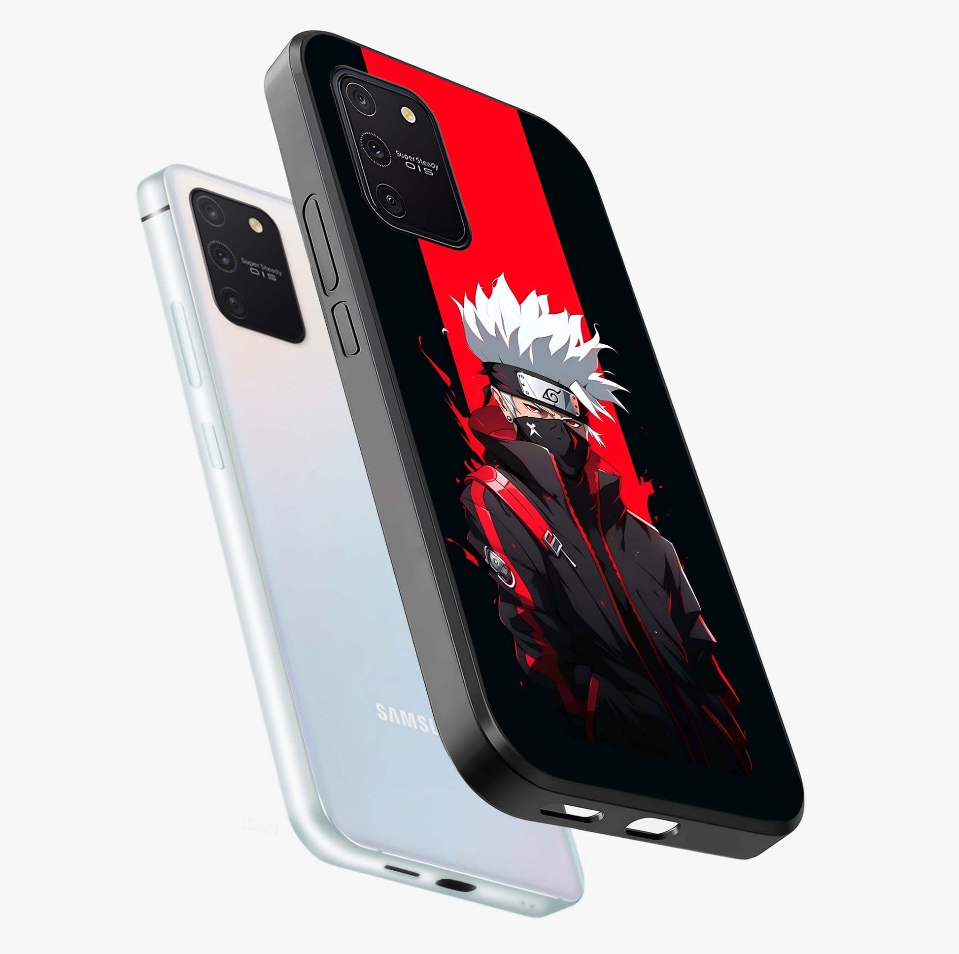 Kakashi Scarlet Shadow Glass Case displayed in angled mockup highlighting dramatic ninja illustration with scarlet themed aesthetic.
