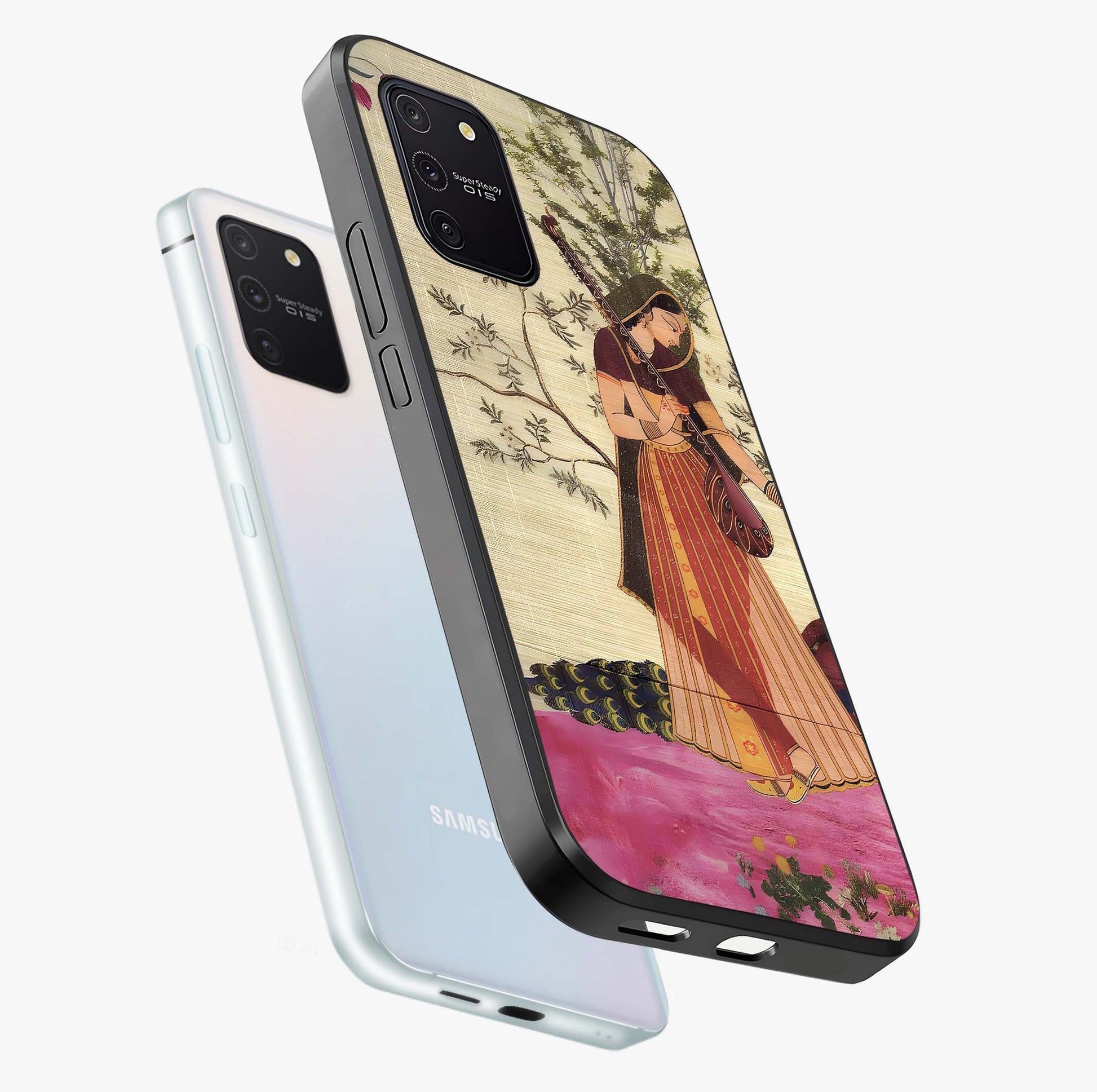 Lady With Veena Art Glass Case displayed in angled mockup highlighting graceful musical illustration with cultural artistic aesthetic.