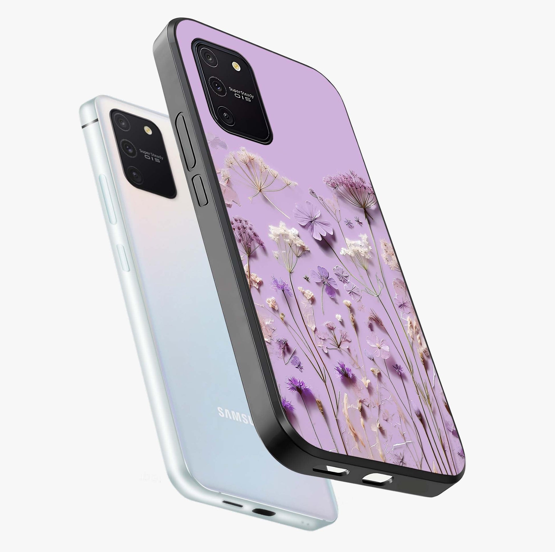 Lavender Blossom Dream Glass Case displayed in angled mockup highlighting dreamy lavender flower design with calming aesthetic style.