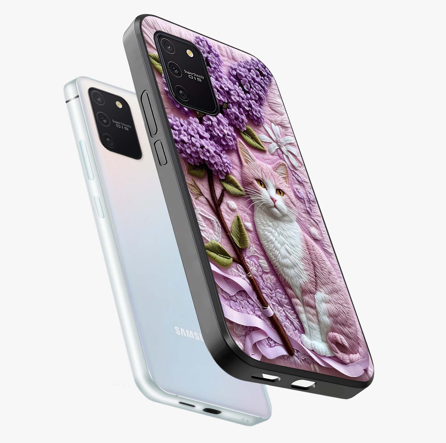 Lavender Cat Whimsy Glass Case displayed in angled mockup highlighting playful feline illustration with pastel lavender aesthetic.