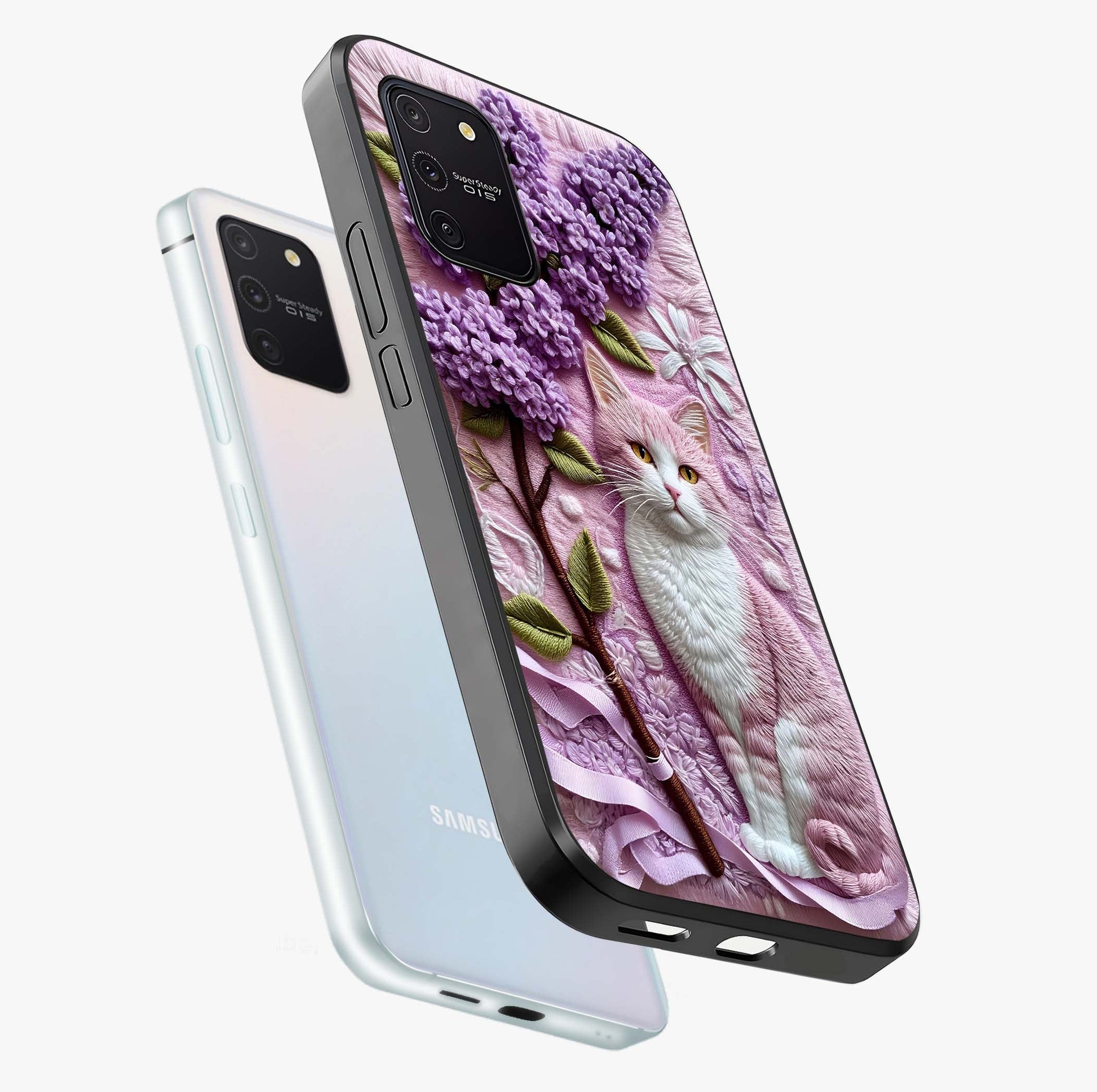 Lavender Cat Whimsy Glass Case displayed in angled mockup highlighting playful feline illustration with pastel lavender aesthetic.