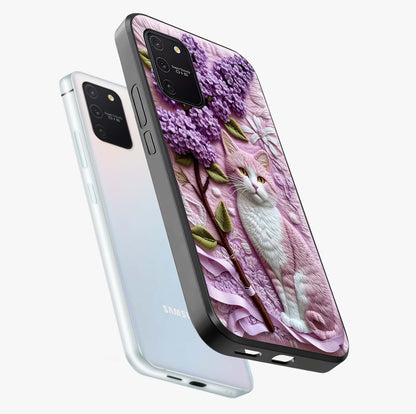 Lavender Cat Whimsy Glass Case displayed in angled mockup highlighting playful feline illustration with pastel lavender aesthetic.