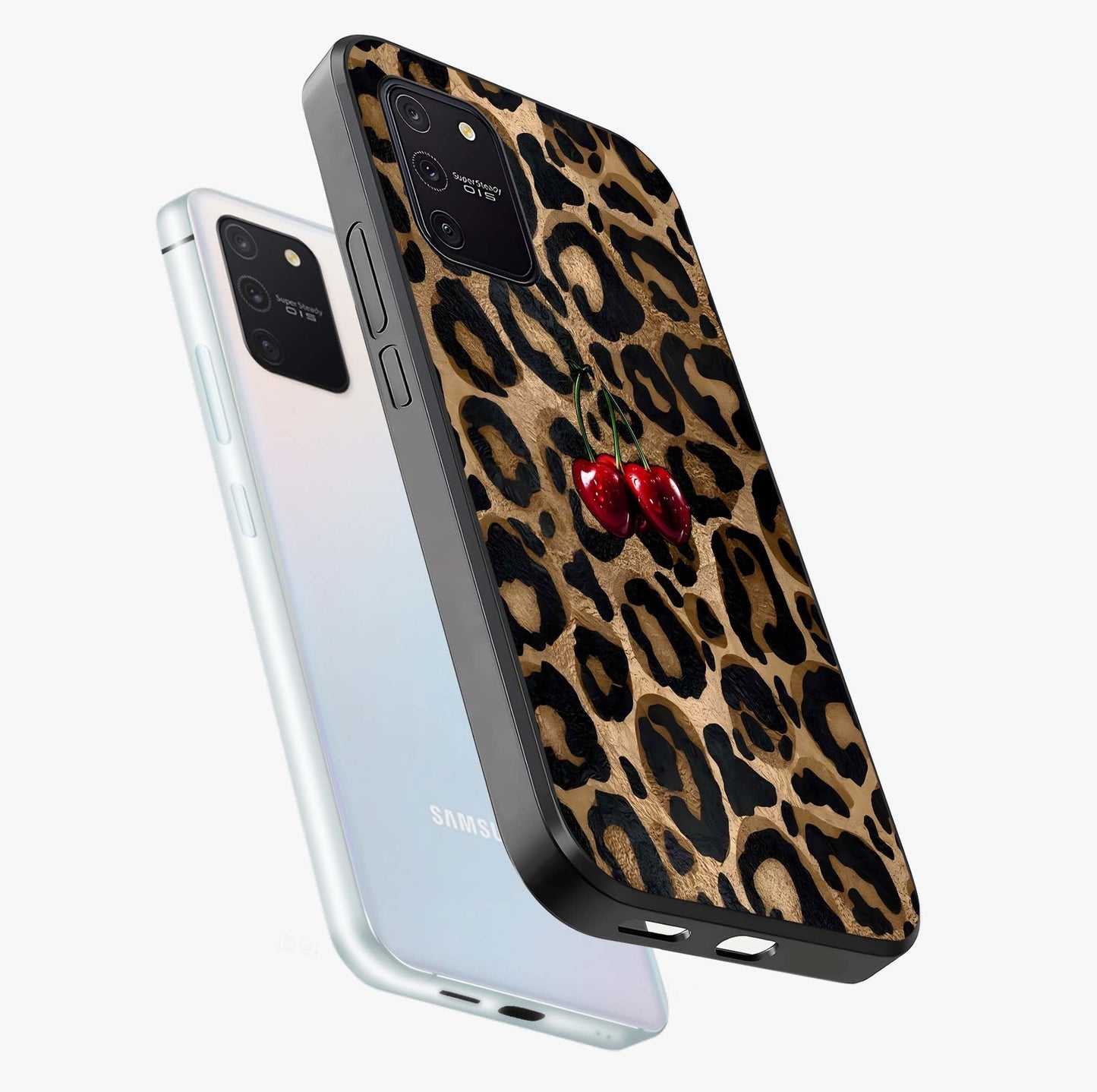 Leopard Wild Cherry Glass Case displayed in angled mockup highlighting bold animal print design with playful cherry aesthetic.