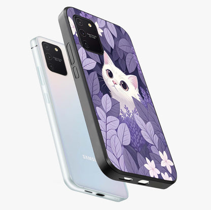 Lilac Hide Peek Cat Glass Case displayed in angled mockup highlighting playful feline illustration with lilac aesthetic design.