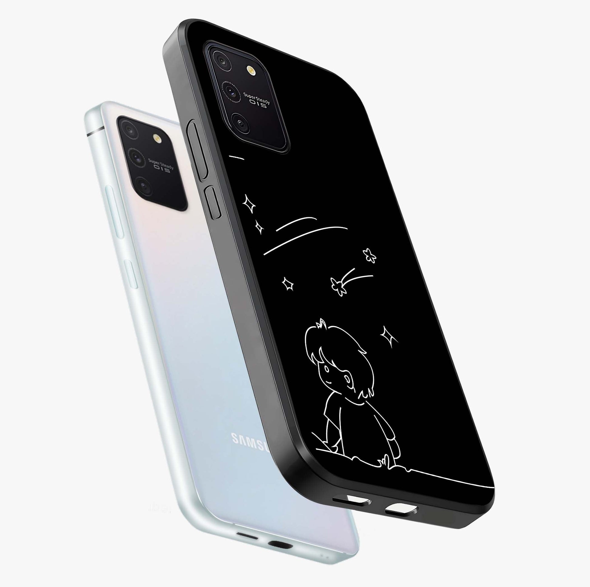 Line Art Boy With Shooting Stars Glass Case displayed in angled mockup highlighting elegant line art design with dreamy star aesthetic.
