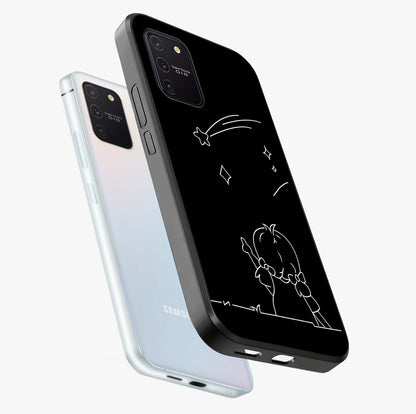 Line Art Girl With Shooting Stars Glass Case displayed in angled mockup highlighting elegant line art design with dreamy star aesthetic.