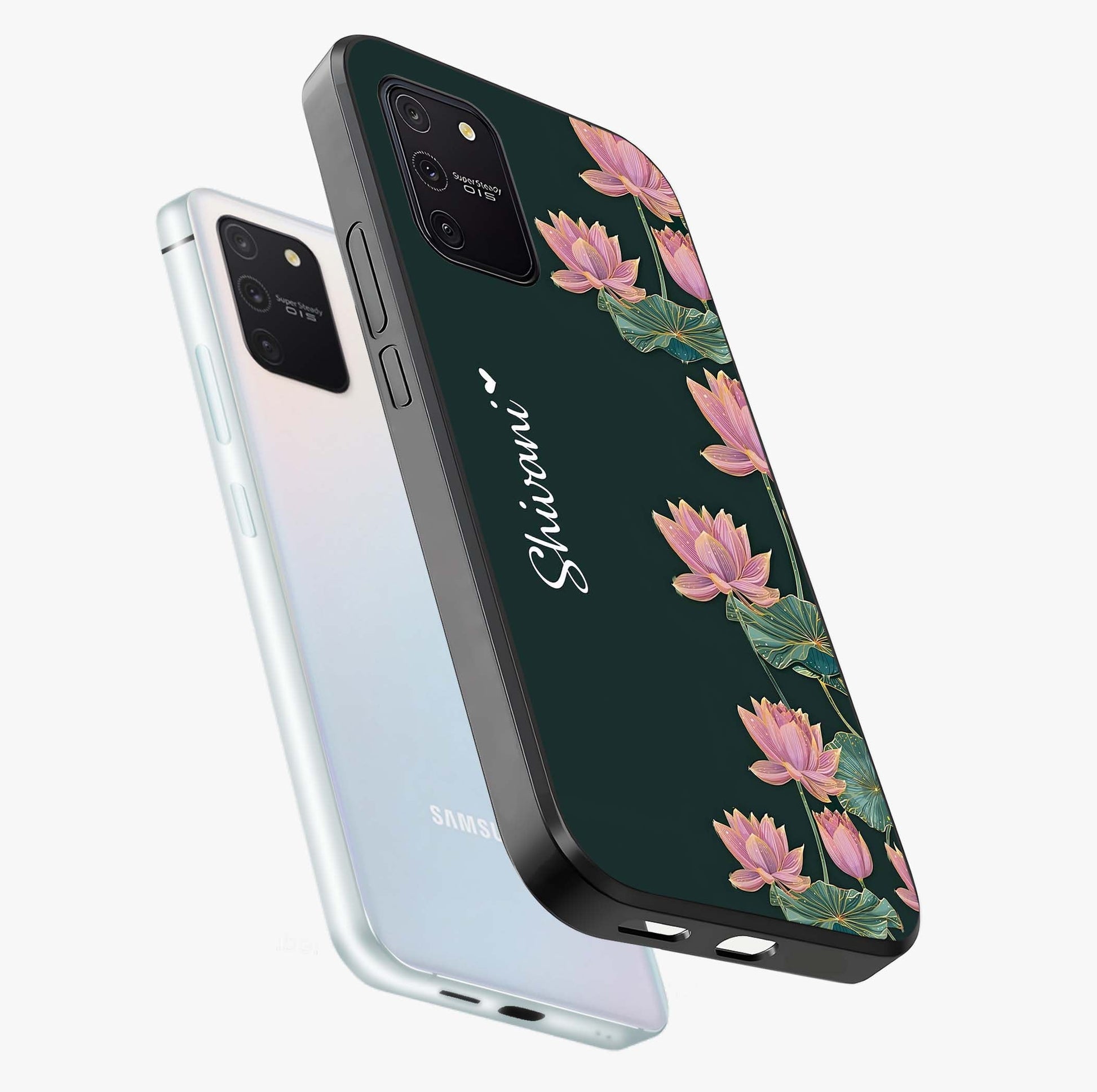 Lotus Bloom Serenity Custom Name Glass Case displayed in angled mockup highlighting graceful lotus illustration with custom name feature.