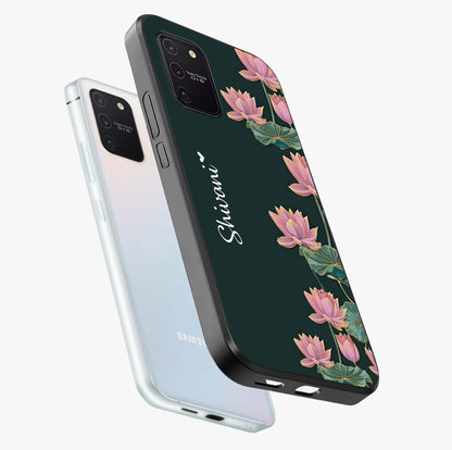 Lotus Bloom Serenity Custom Name Glass Case displayed in angled mockup highlighting graceful lotus illustration with custom name feature.