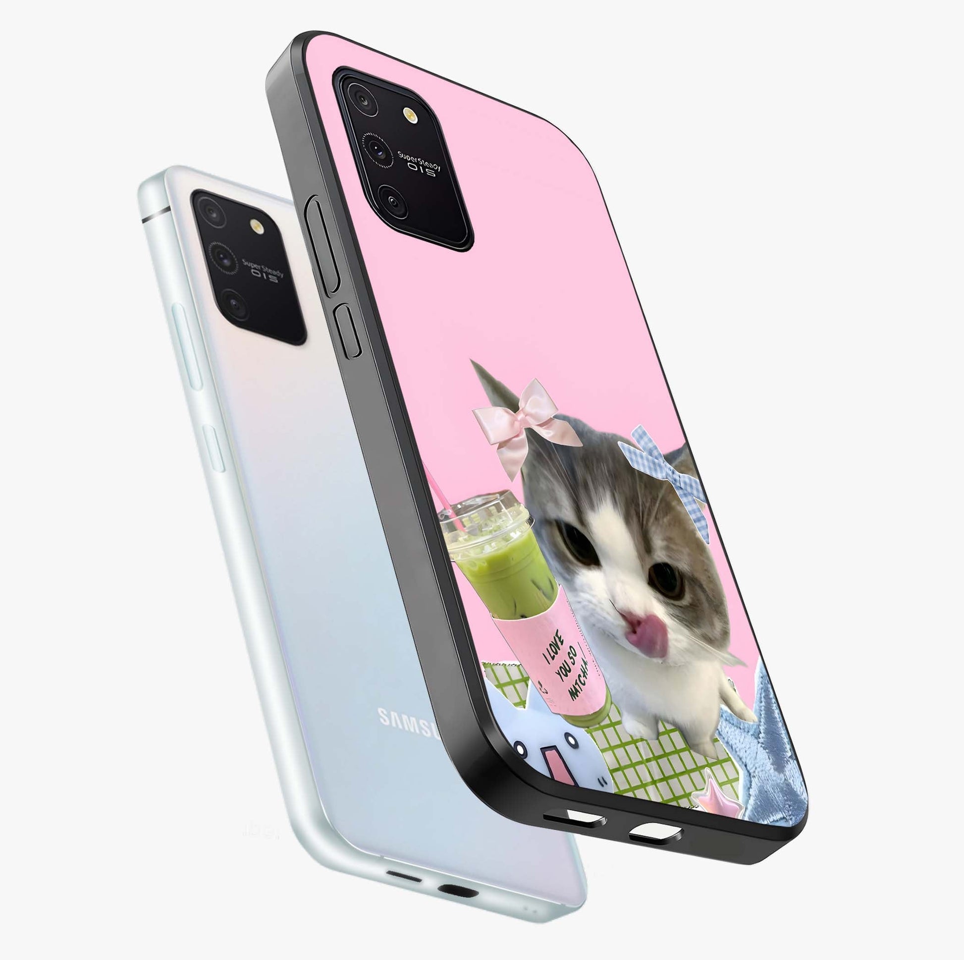 Love Matcha Cat Glass Case displayed in angled mockup highlighting playful feline illustration with cozy matcha aesthetic.