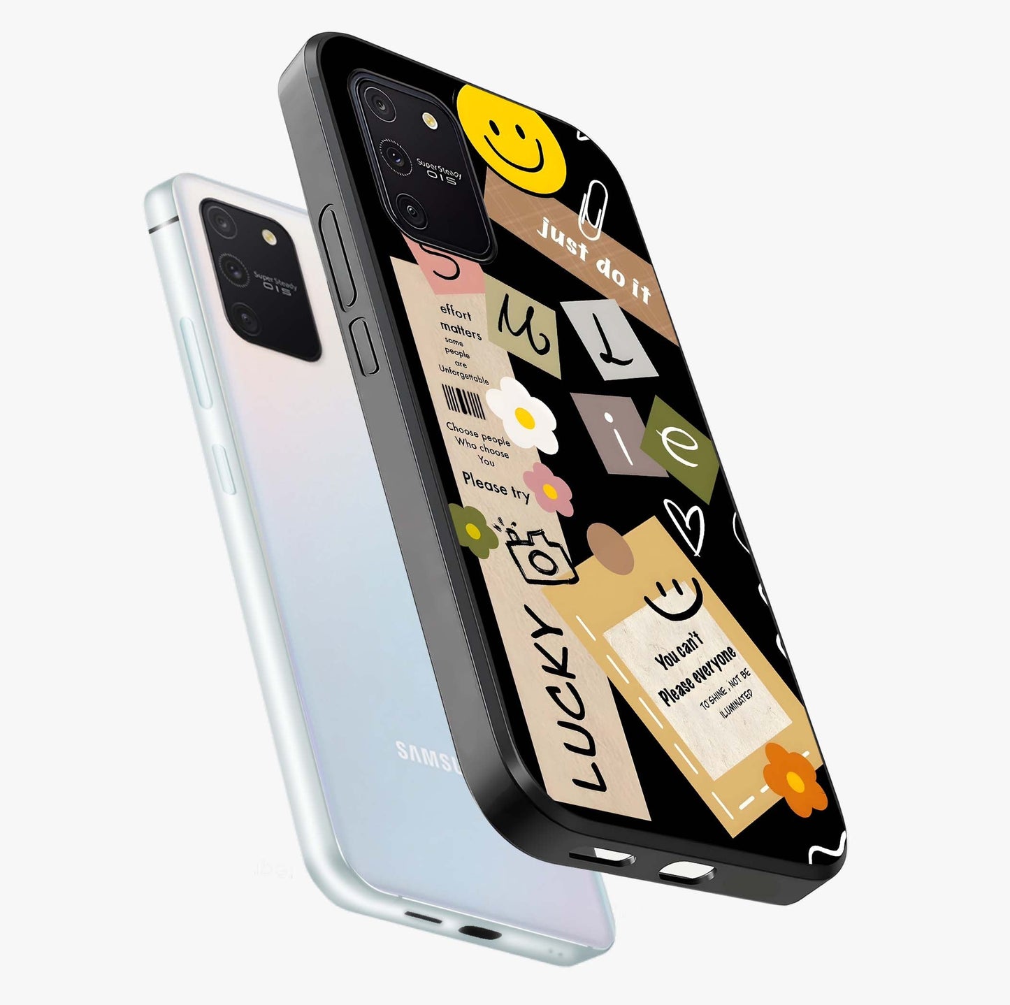 Lucky Aesthetic Collage Glass Case displayed in angled mockup highlighting stylish collage pattern with modern aesthetic vibe.