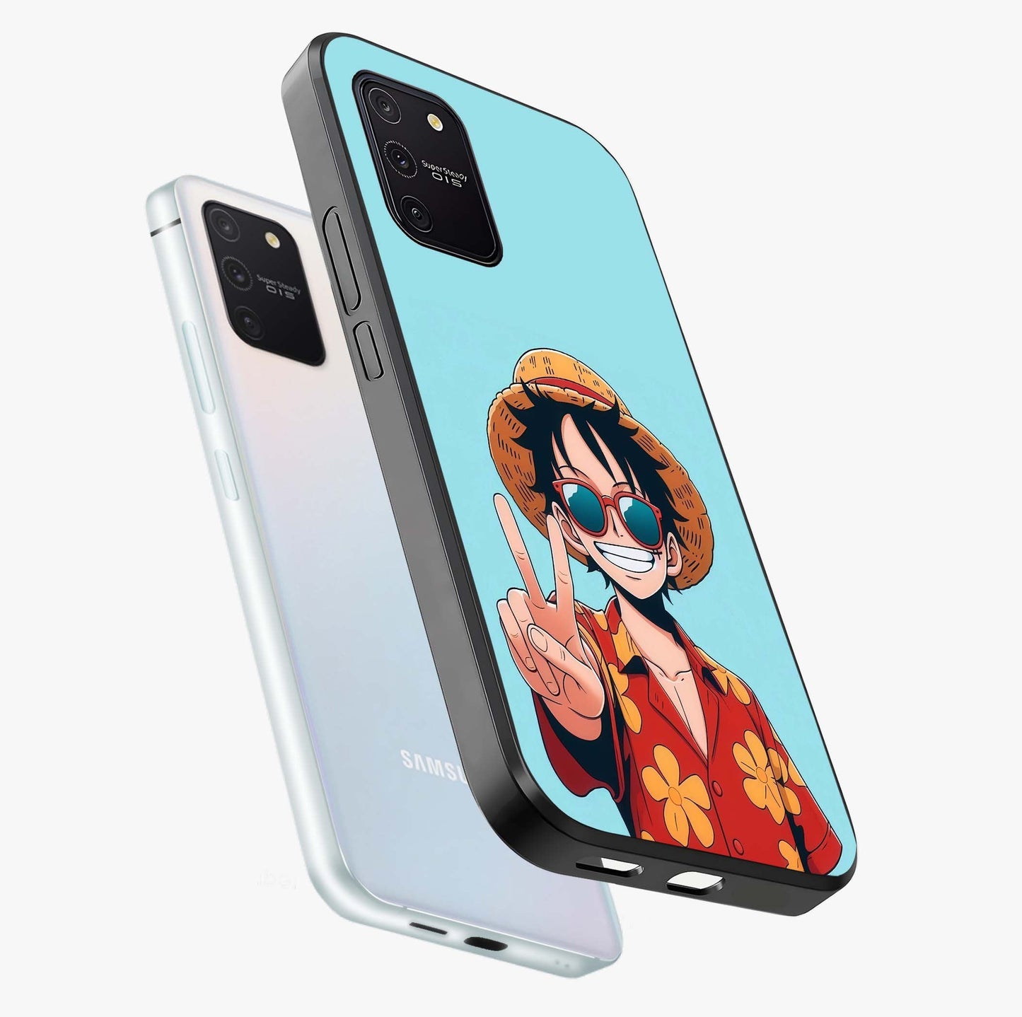 Luffy Summer Anime Vibe Glass Case displayed in angled mockup highlighting energetic anime illustration with summer vibe aesthetic.