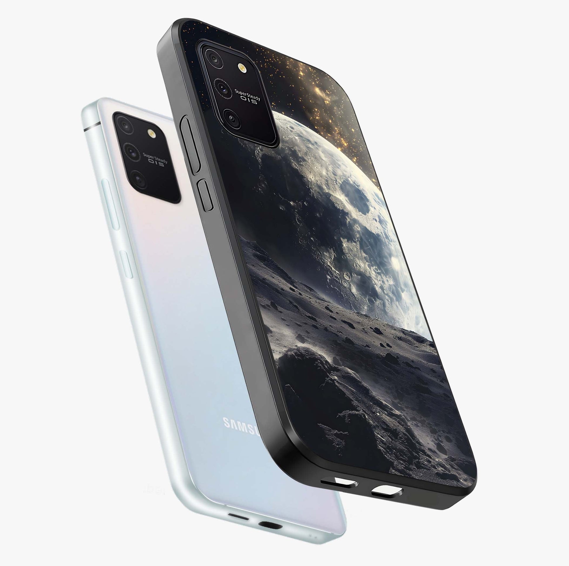 Lunar Horizon Glow Glass Case displayed in angled mockup highlighting celestial moon design with dreamy night aesthetic.