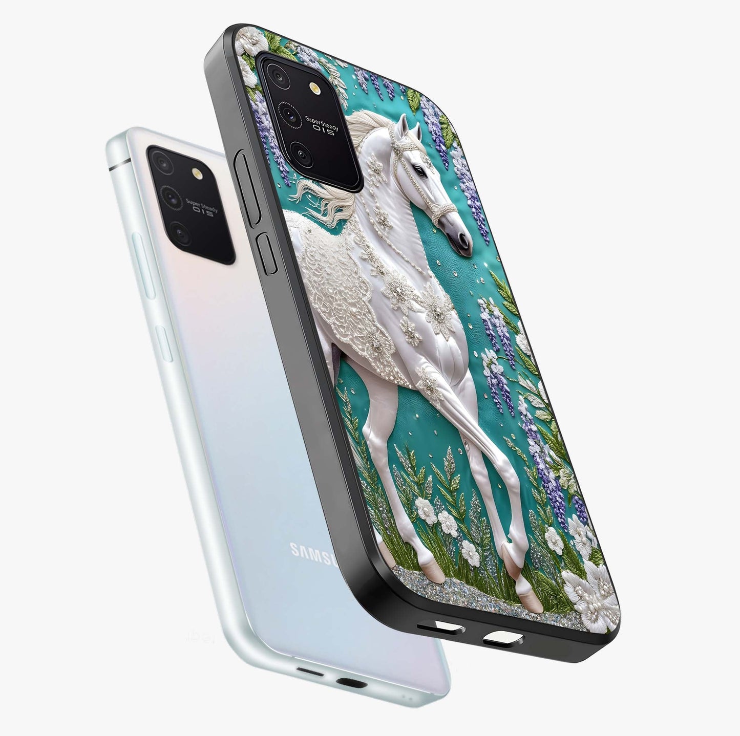Majestic Floral Stallion Glass Case displayed in angled mockup highlighting majestic stallion illustration with elegant floral aesthetic.