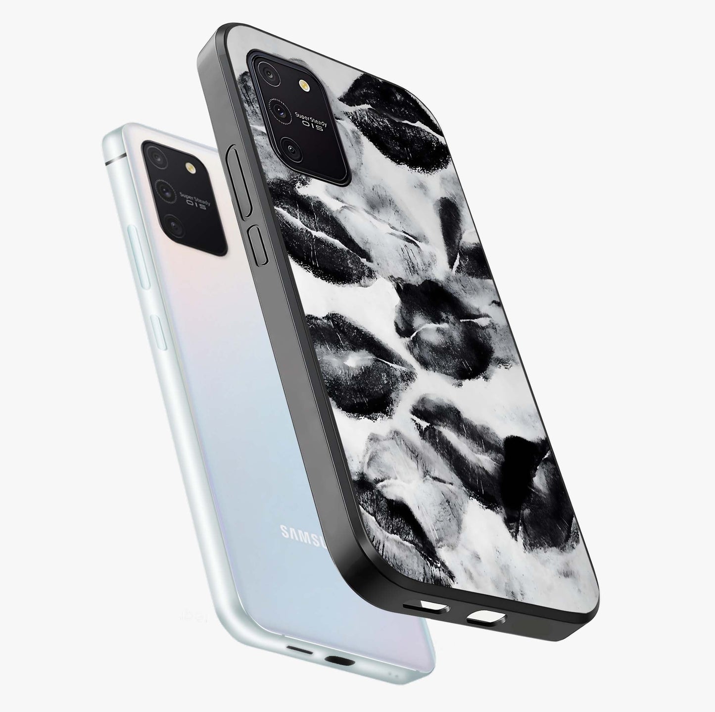 Midnight Kiss Marks Glass Case displayed in angled mockup highlighting playful romantic design with bold midnight aesthetic.
