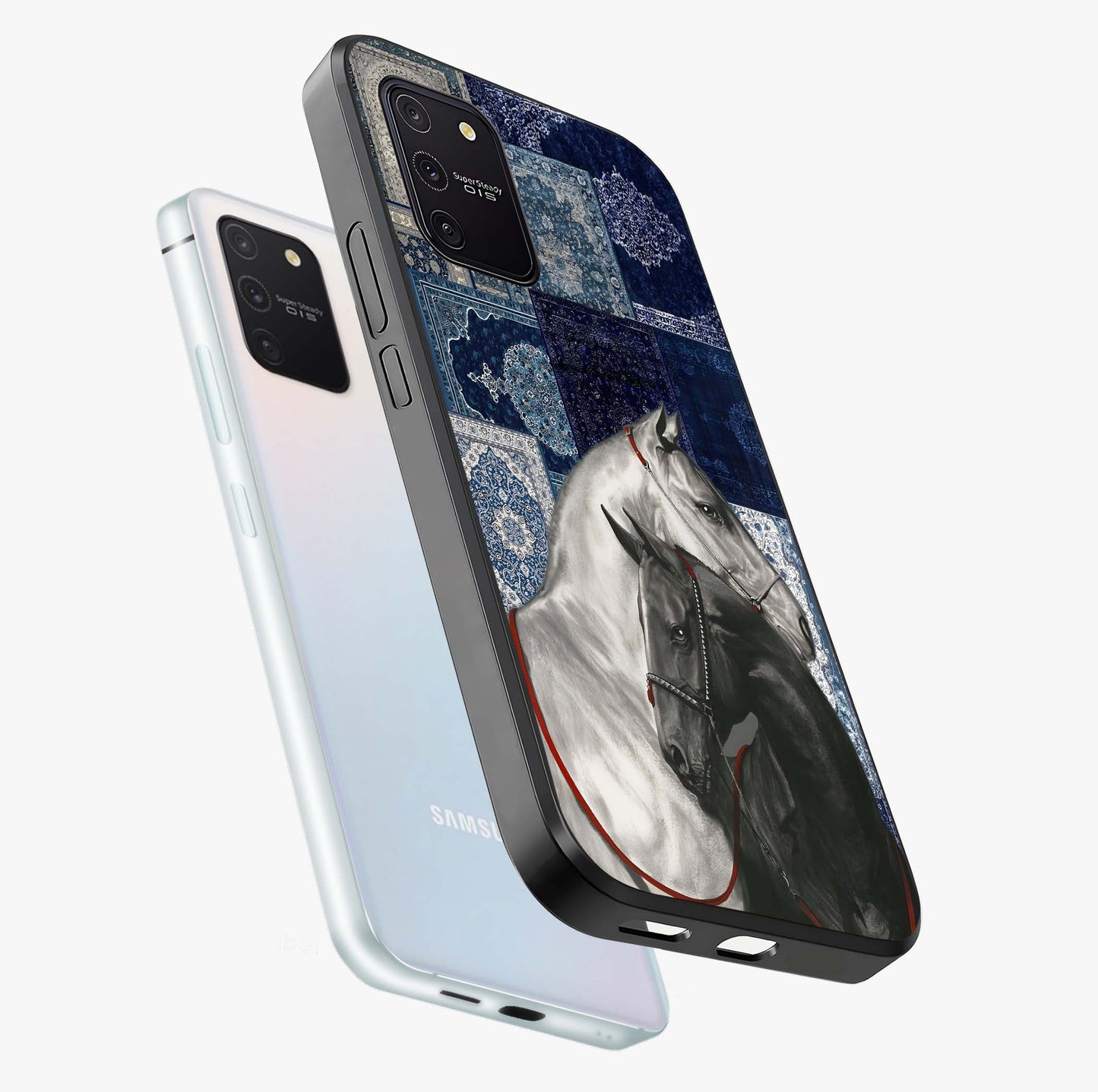 Midnight Stallion Blues Glass Case displayed in angled mockup highlighting powerful stallion illustration with deep midnight tones.