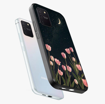 Midnight Tulip Whispers Vibe Glass Case displayed in angled mockup highlighting delicate tulip design with midnight floral aesthetic.