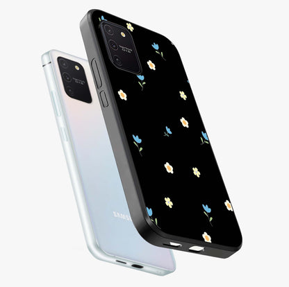Minimal Petal Whispers Glass Case displayed in angled mockup highlighting delicate petal design with clean minimal aesthetic.