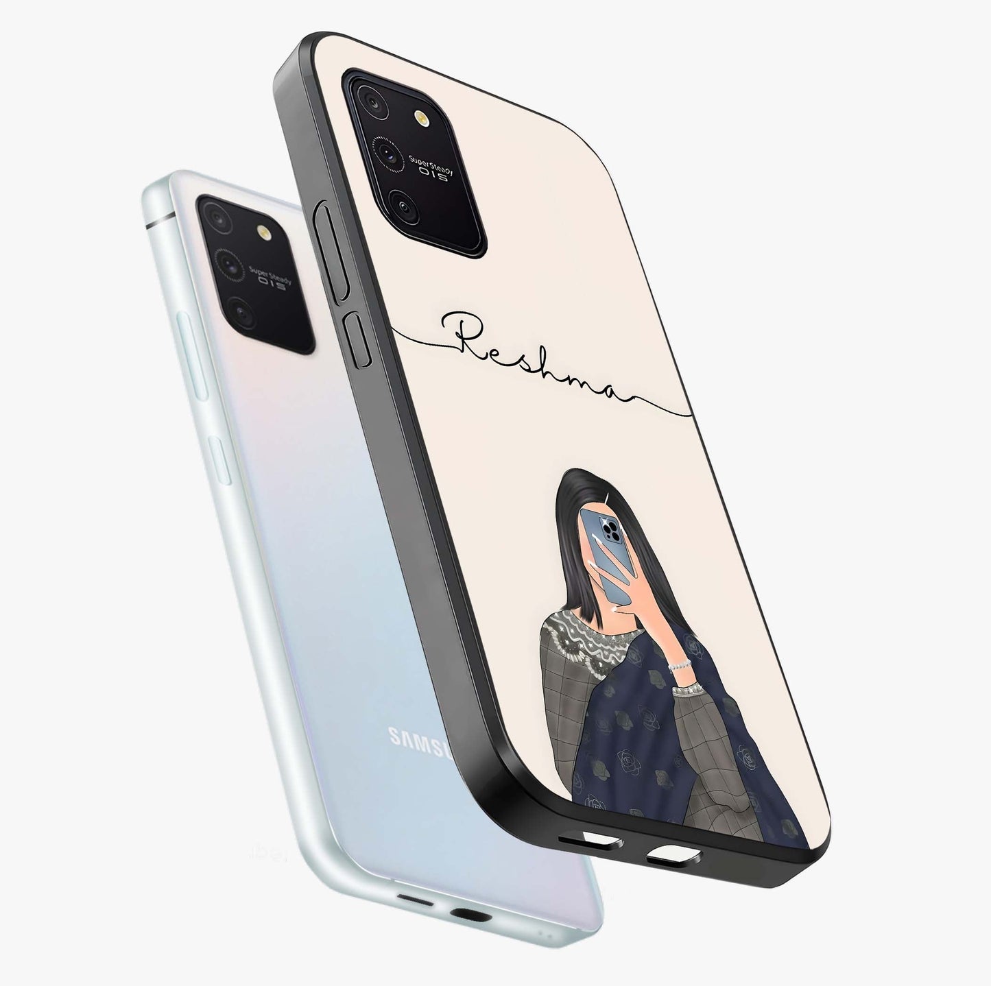 Mirror Mood Muse With Custom Name Glass Case displayed in angled mockup highlighting aesthetic mirror inspired design with custom name feature.