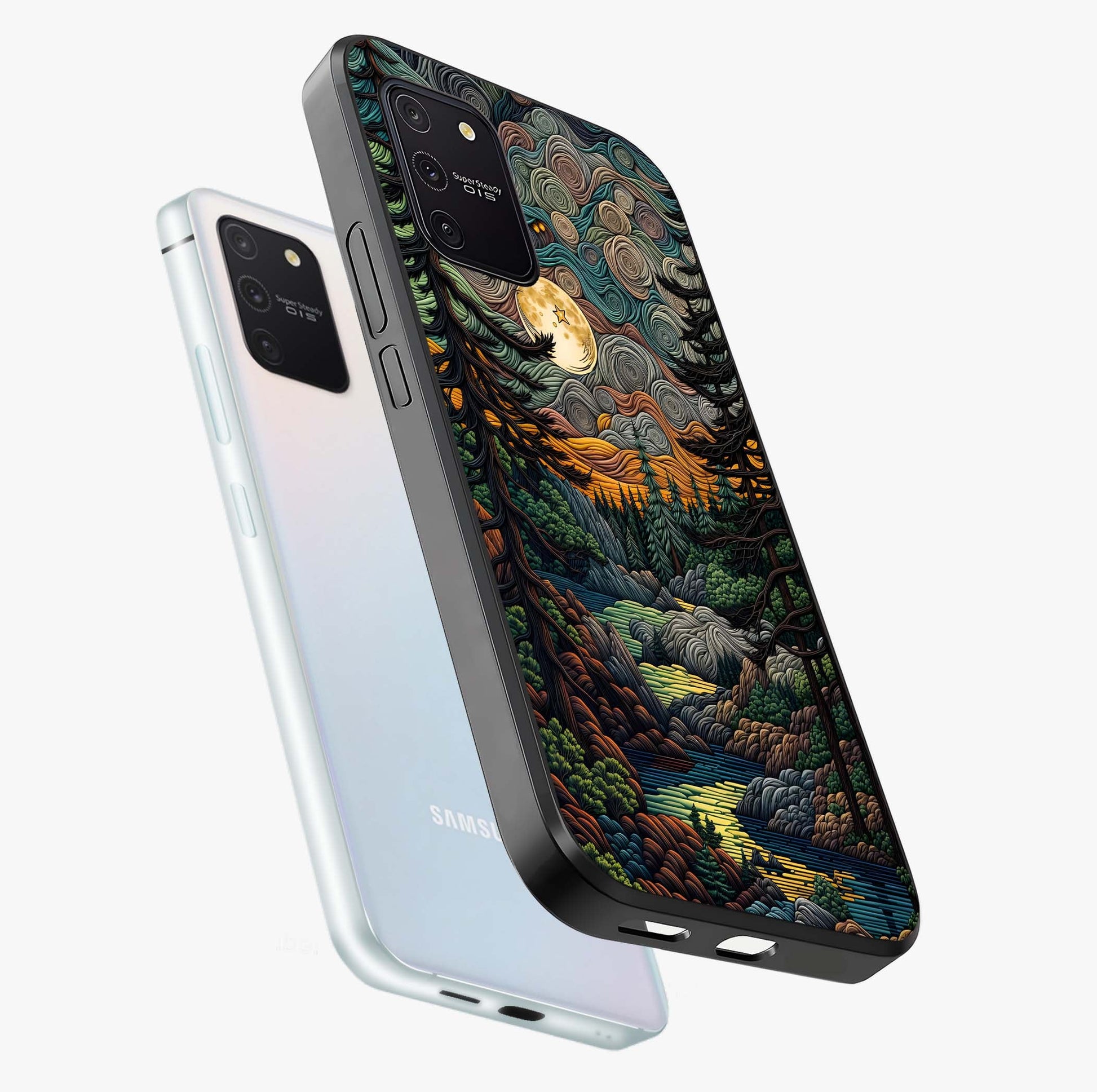 Moonlight Forest Dream Glass Case displayed in angled mockup highlighting dreamy forest design with glowing moon aesthetic.
