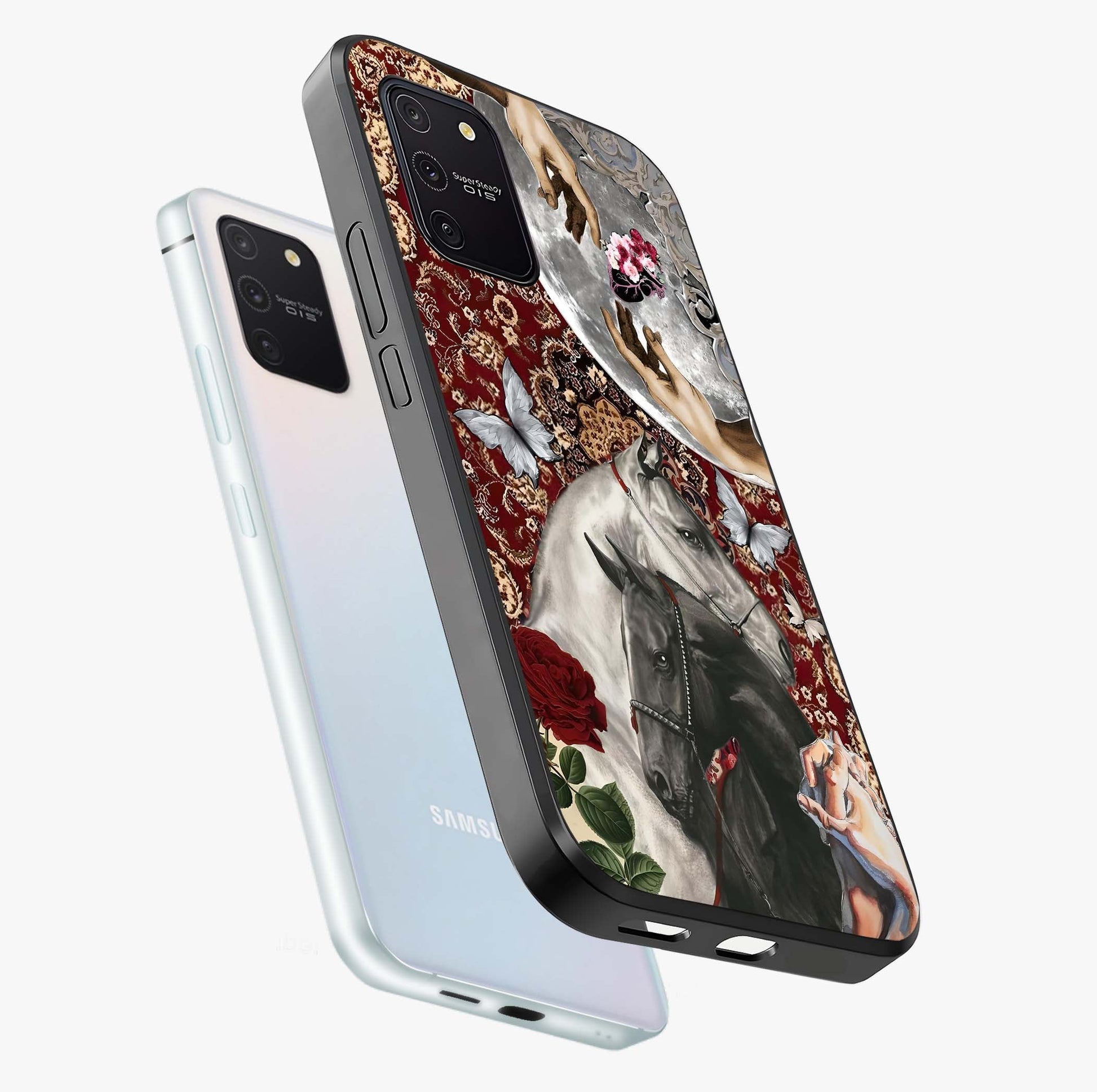 Moonlit Royal Stallion Glass Case displayed in angled mockup highlighting powerful stallion illustration with royal night aesthetic.