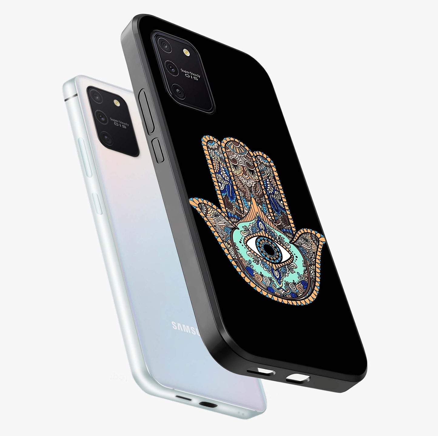 Mystic Hamsa Eye Glass Case displayed in angled mockup highlighting spiritual hamsa symbol with mystical aesthetic style.