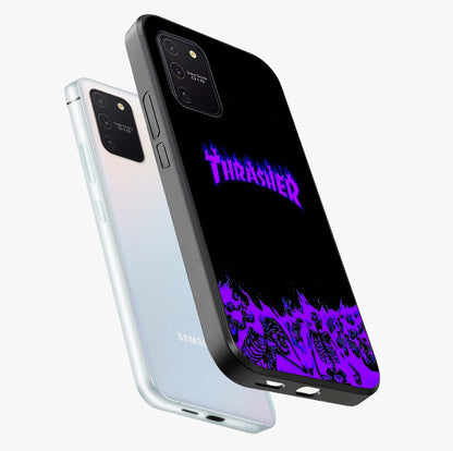 Neon Flame Riot Glass Case displayed in angled mockup highlighting glowing flame design with vibrant neon aesthetic.