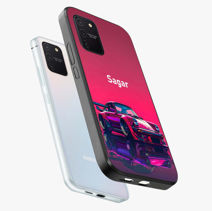 Neon Pink Porsche Glass Case displayed in angled mockup highlighting sleek neon pink car design with racing aesthetic.
