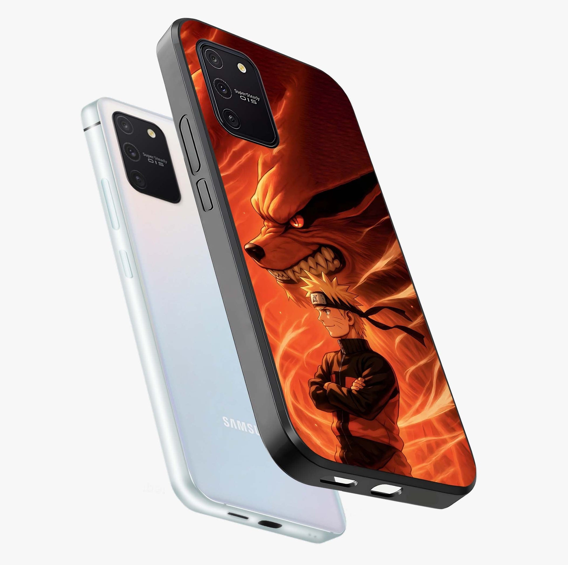 Nine Tails Legacy Glass Case displayed in angled mockup highlighting dynamic anime beast illustration with bold mystical aesthetic.