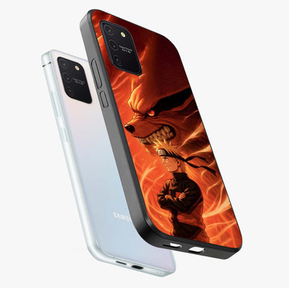 Nine Tails Legacy Glass Case displayed in angled mockup highlighting dynamic anime beast illustration with bold mystical aesthetic.