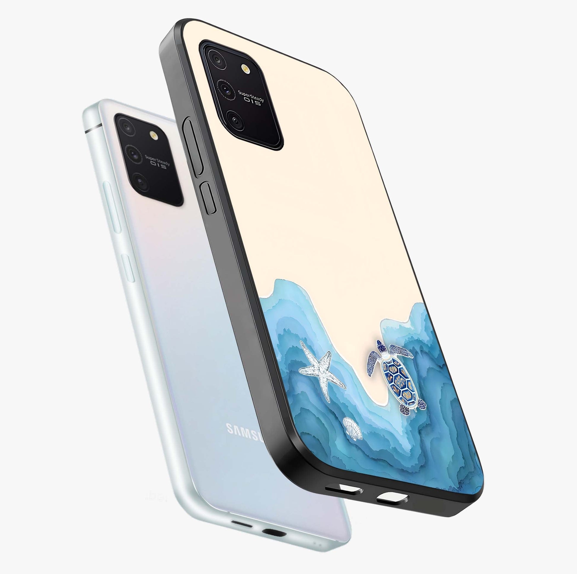 Ocean Drift Turtle Glass Case displayed in angled mockup highlighting peaceful ocean turtle illustration with marine aesthetic.
