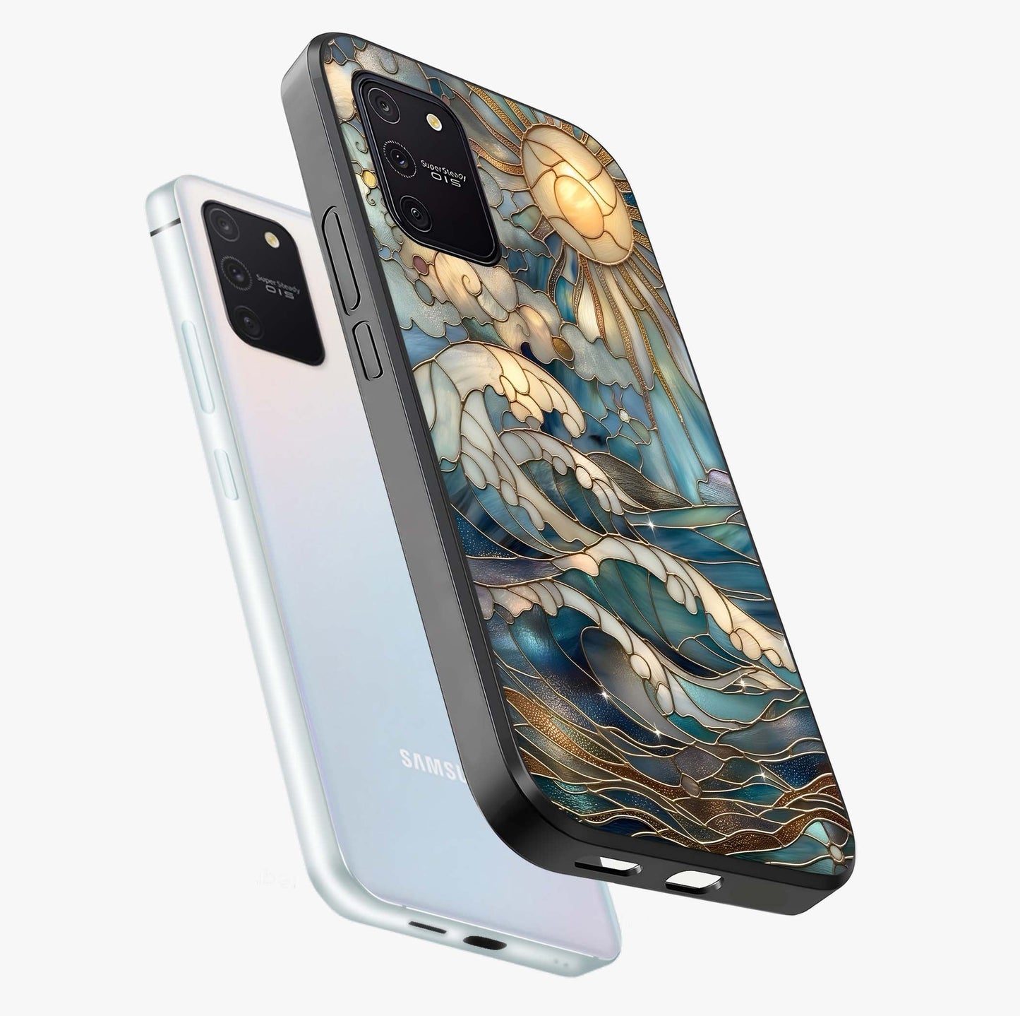 Oceanic Stained Printed Glass Case displayed in angled mockup highlighting colorful aquatic design with artistic aesthetic style.