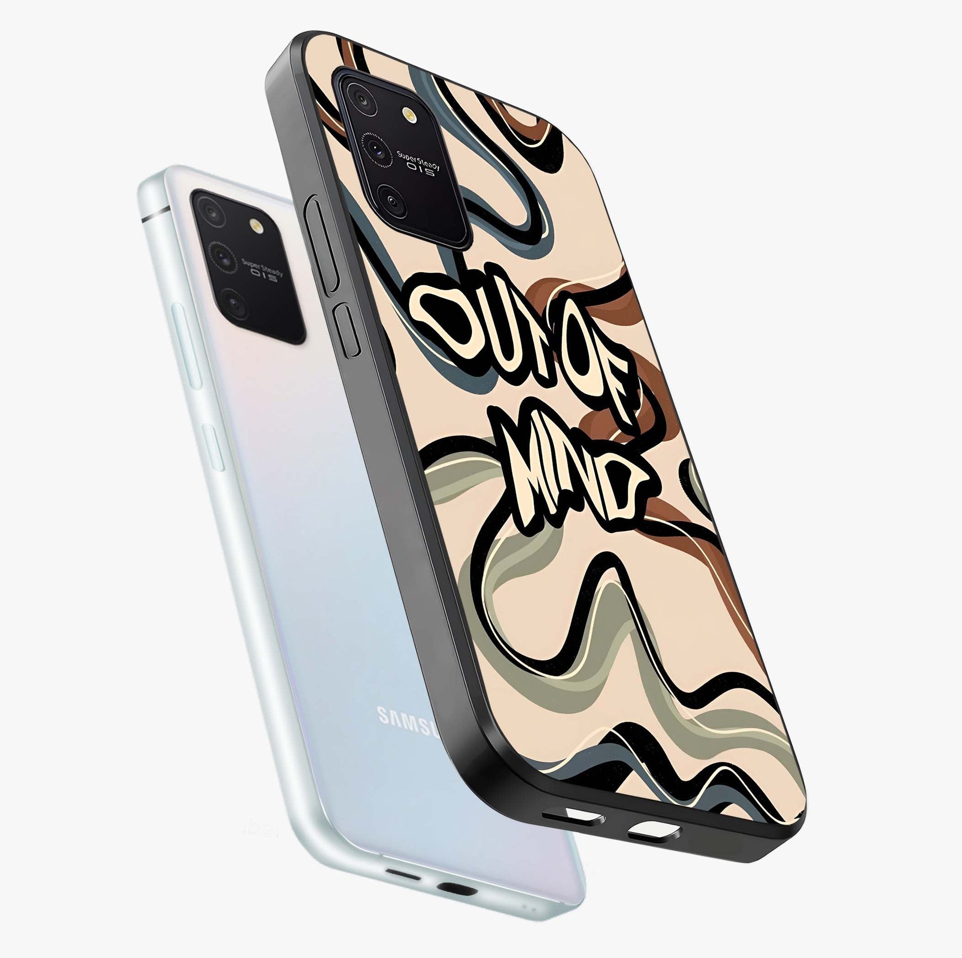 Out Of Mind Glass Case displayed in angled mockup highlighting bold statement design with modern artistic aesthetic.