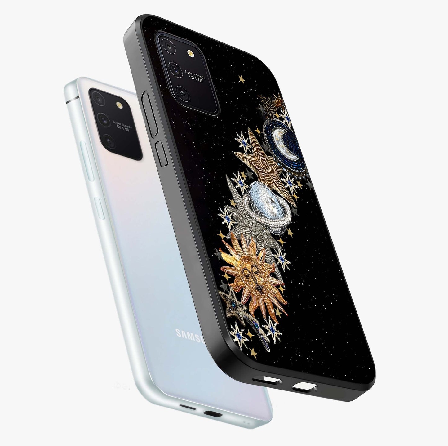 Pearls Universe Object Glass Case displayed in angled mockup highlighting celestial pearl design with dreamy aesthetic.