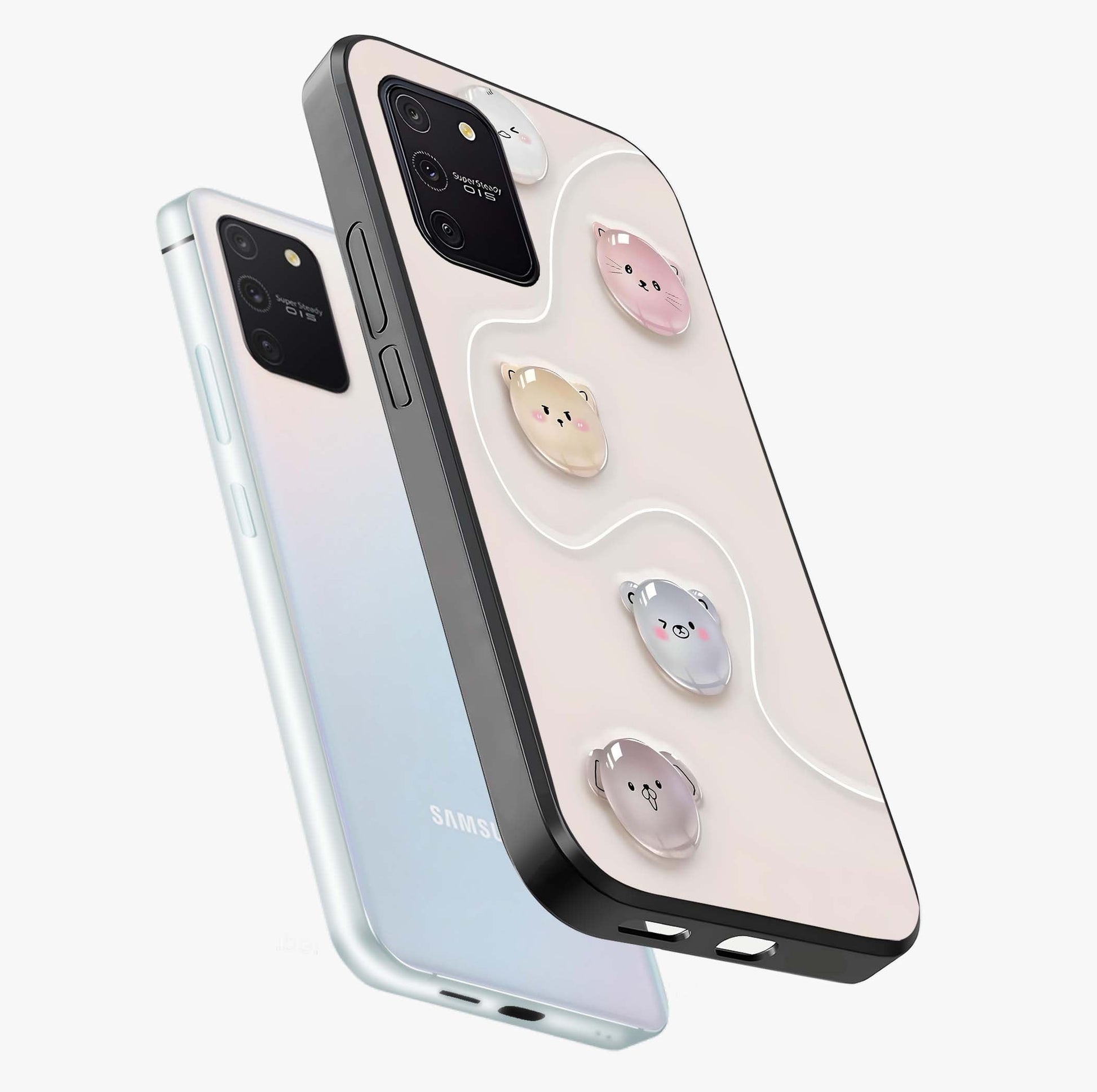 Puffy Face Parade Glass Case displayed in angled mockup highlighting playful cartoon face design with fun aesthetic.