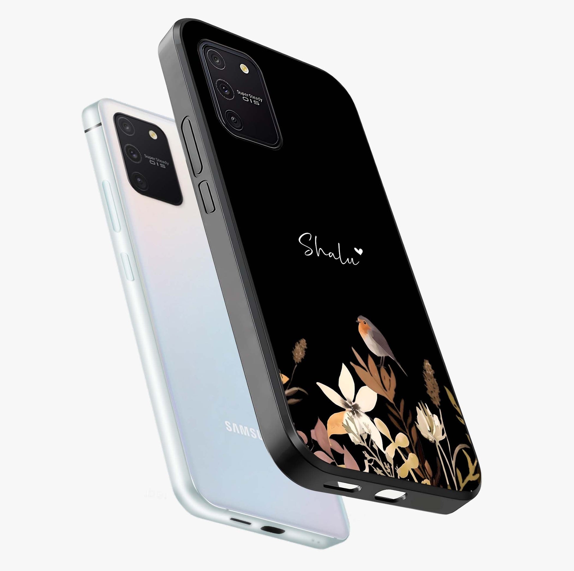 Quiet Garden Tune Custom Name Glass Case displayed in angled mockup highlighting delicate floral garden design with custom name feature.