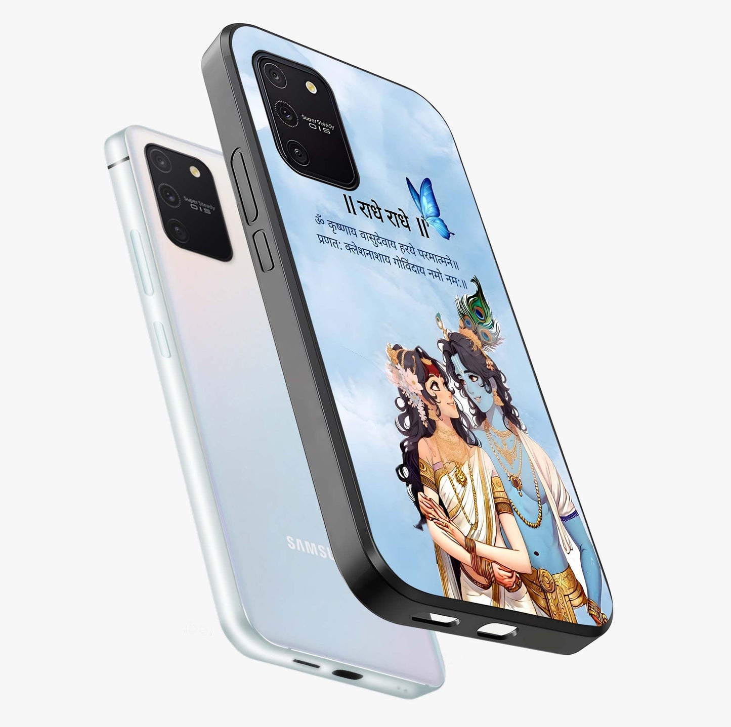 Radha Krishna Eternal Glass Case displayed in angled mockup highlighting divine Radha Krishna illustration with spiritual aesthetic.
