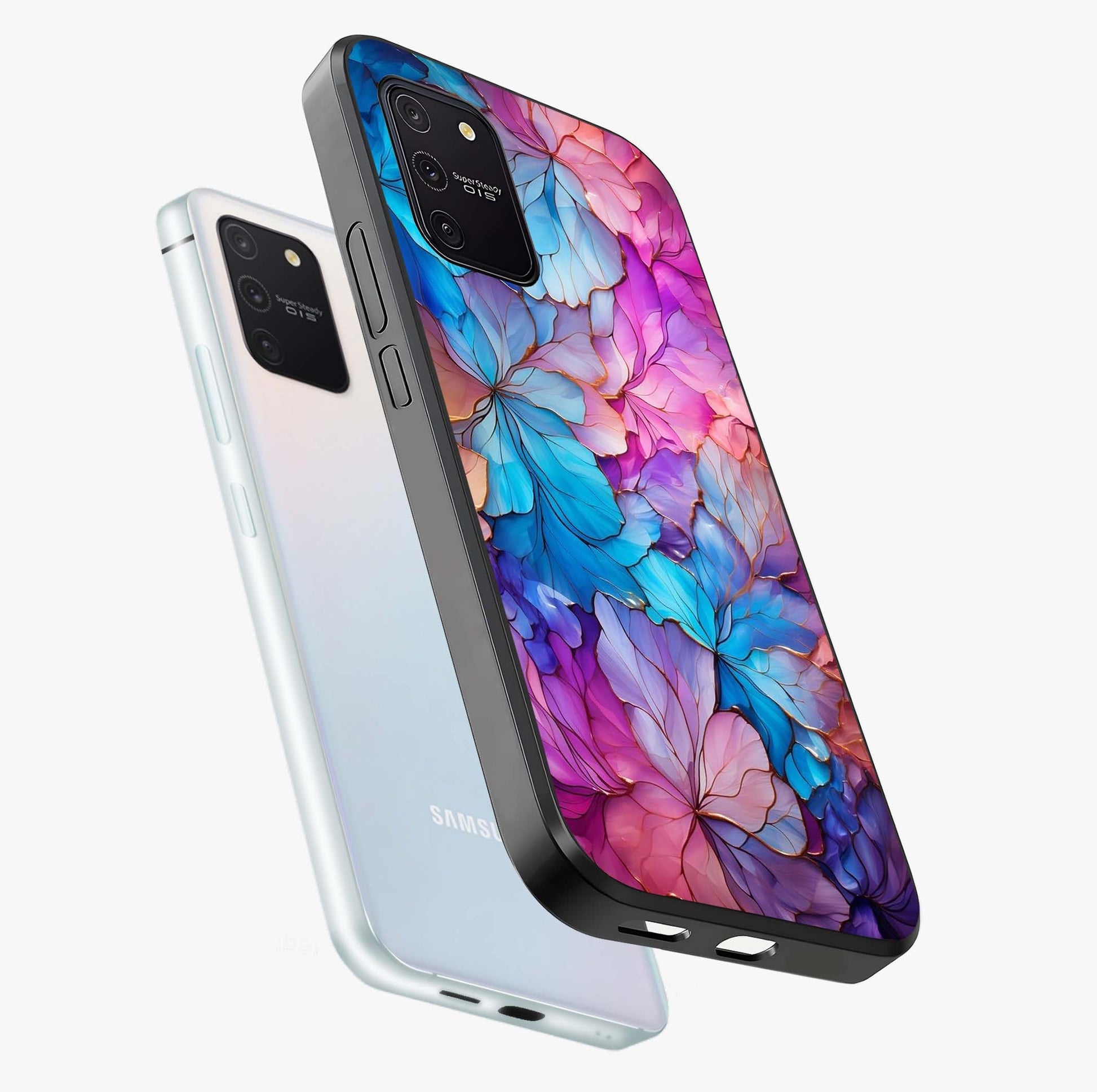 Radiant Floral Whirl Glass Case displayed in angled mockup highlighting vibrant flower pattern with dynamic artistic aesthetic.