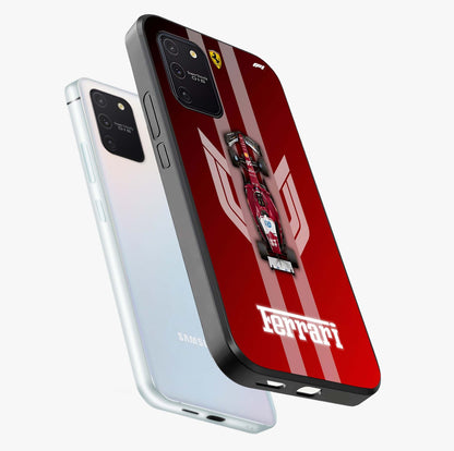 Red Ferrari F1 Vertical Glass Case displayed in angled mockup highlighting high speed racing design with bold automotive aesthetic.