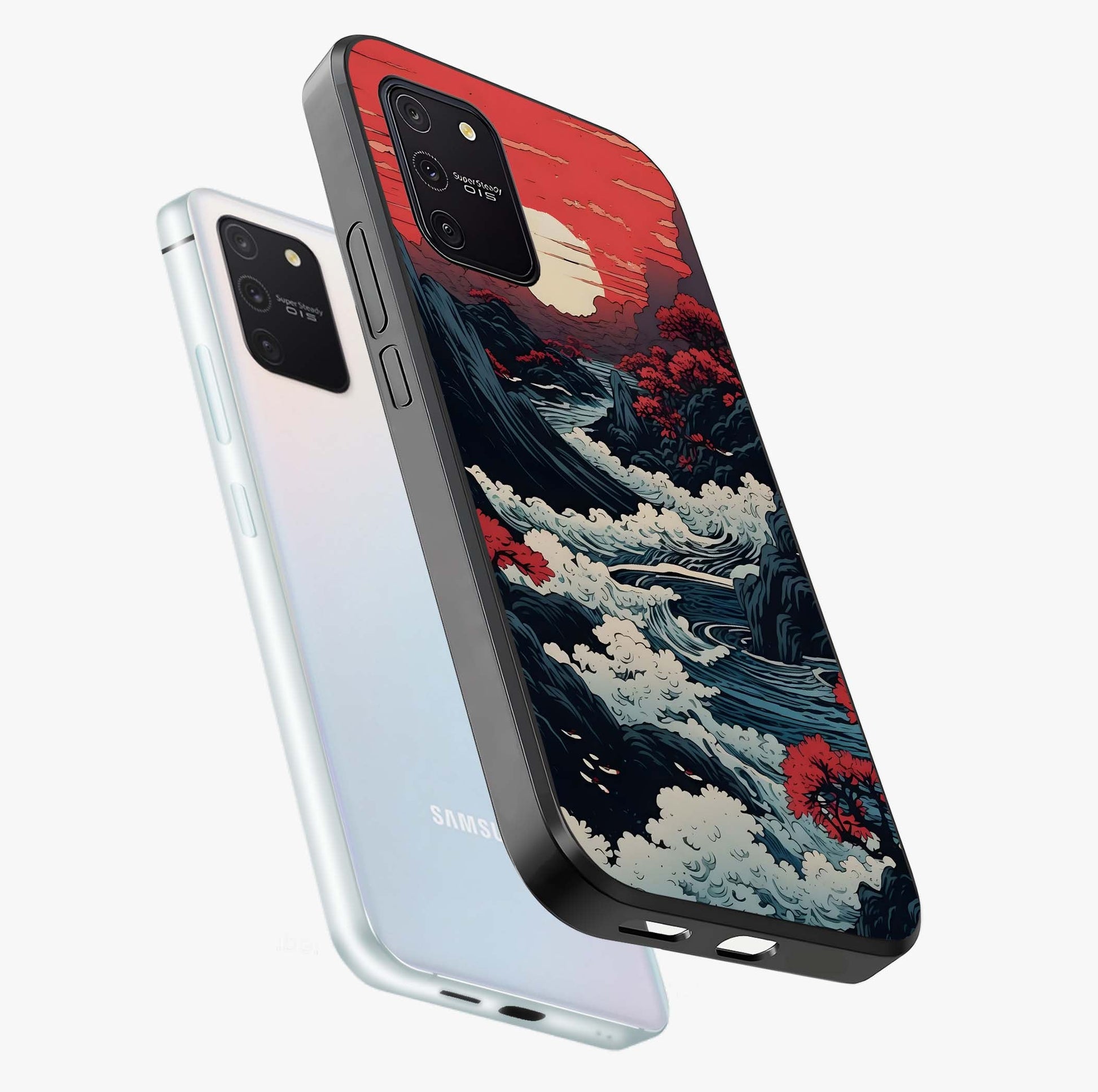 Red Sunset Scenery Glass Case displayed in angled mockup highlighting glowing sunset sky design with scenic aesthetic.