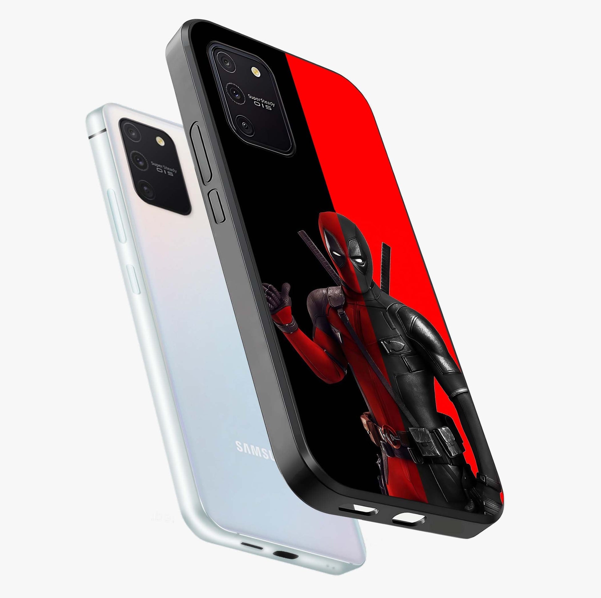 Red & Black Deadpool Theme Glass Case displayed in angled mockup highlighting vibrant superhero style illustration with action aesthetic.