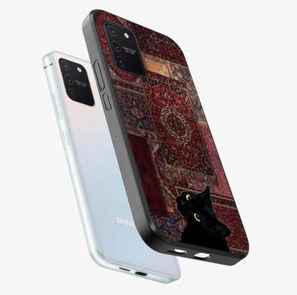 Regal Magic Cat Apple Glass Case displayed in angled mockup highlighting whimsical feline design with fantasy aesthetic.