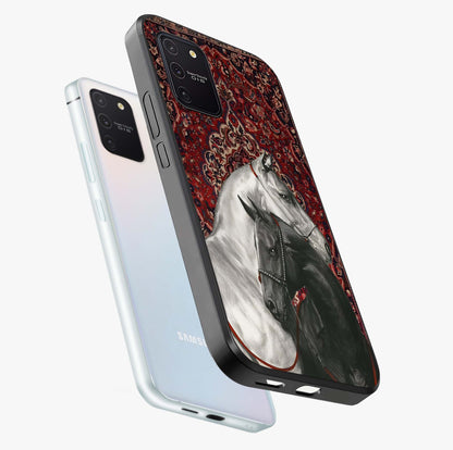 Regal Stallion Tapestry Glass Case displayed in angled mockup highlighting royal stallion design with decorative heritage aesthetic.