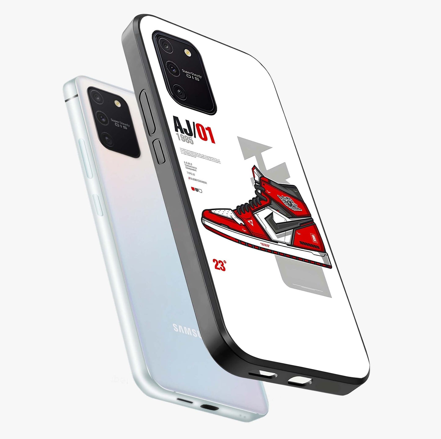 Retro Sneaker Blueprint Glass Case displayed in angled mockup highlighting detailed shoe design with sporty retro aesthetic.