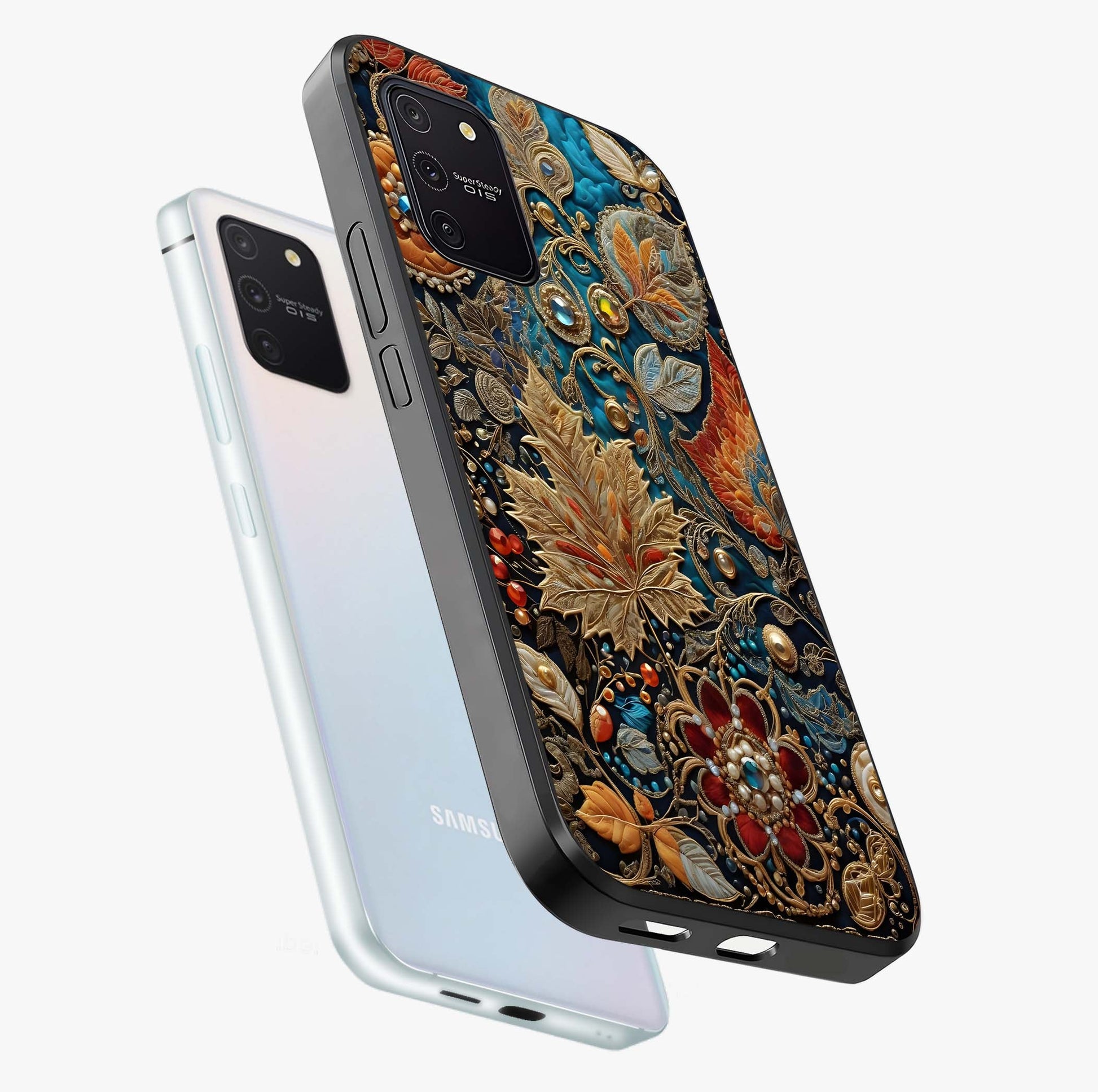 Royal Jewel Garden Glass Case displayed in angled mockup highlighting vibrant jewel inspired floral design with elegant aesthetic.