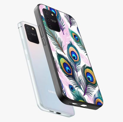 Royal Peacock Feathers Glass Case displayed in angled mockup highlighting vibrant feather pattern with regal aesthetic style.