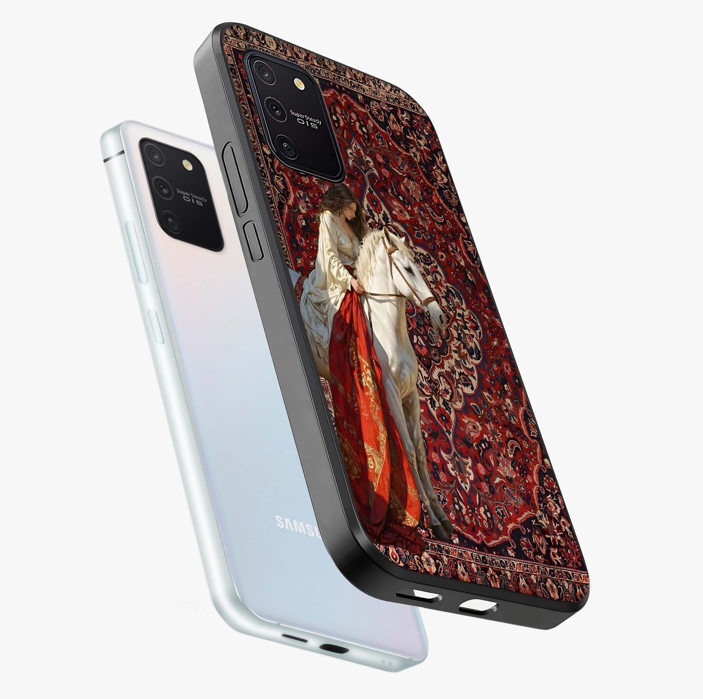 Royal Rider Tapestry Glass Case displayed in angled mockup highlighting traditional tapestry design with royal heritage aesthetic.